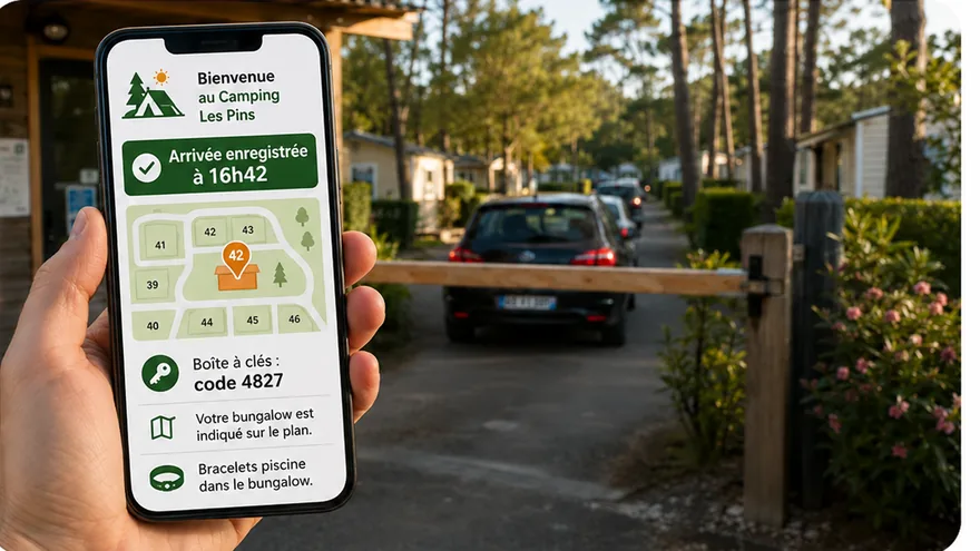Un client arrivé à la barrière du camping consulte sur son téléphone son emplacement, le code de la boîte à clés et l'heure d'entrée dans le bungalow