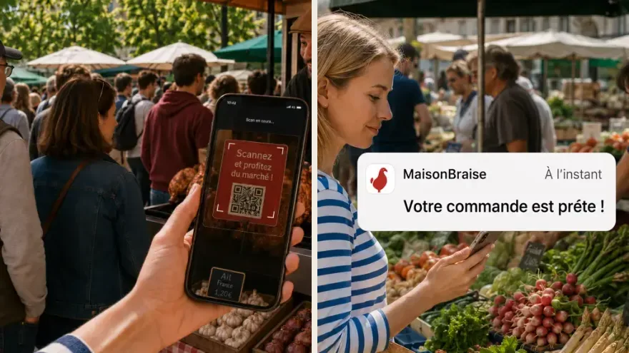 Une cliente scanne le QR d'un stand de marché, puis reçoit l'alerte qui annonce sa commande prête