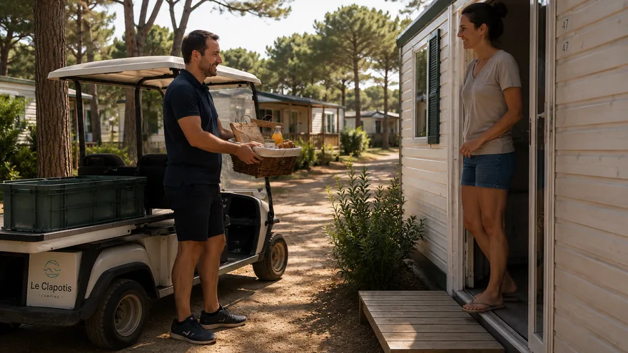 Un employé de camping remet un panier de petit-déjeuner à une cliente devant son mobil-home