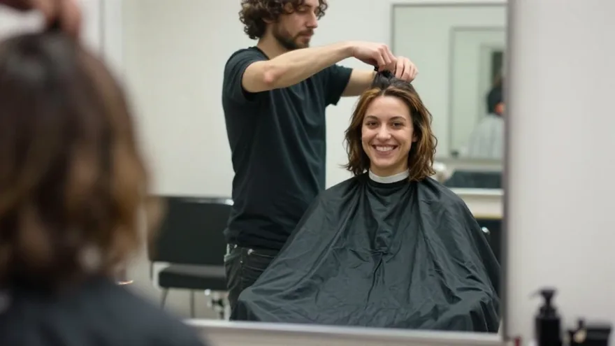 Une cliente radieuse découvre sa nouvelle couleur pendant que le coiffeur ajuste une mèche