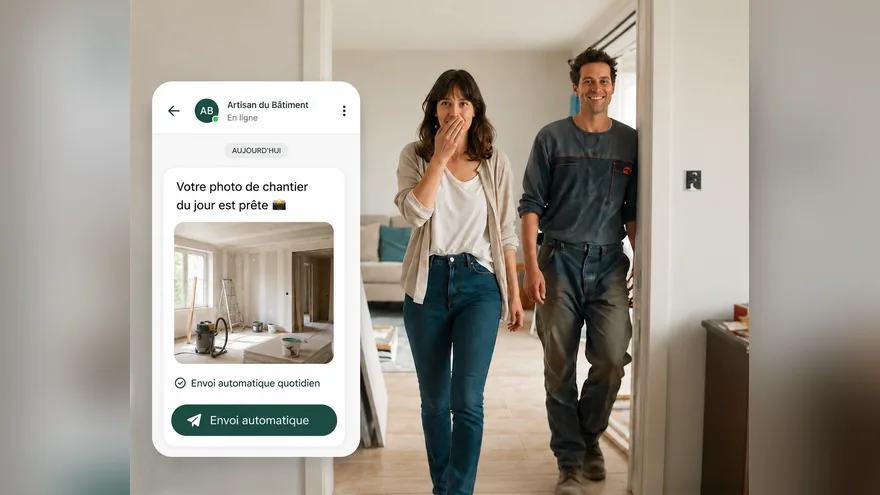 Une cliente découvre sa pièce rénovée aux côtés de l'artisan, avec la photo du chantier reçue le jour même sur son téléphone