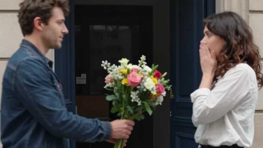 Un homme tend un bouquet à une femme surprise sur le pas de sa porte