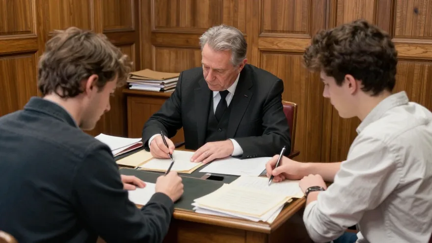 Un notaire tend le stylo à ses clients autour de la grande table de l'étude