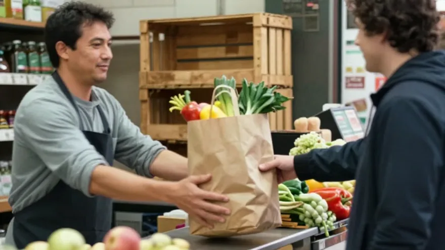 Une cliente repart avec un cabas de fruits et légumes du jour que le primeur vient de lui remplir à la fermeture