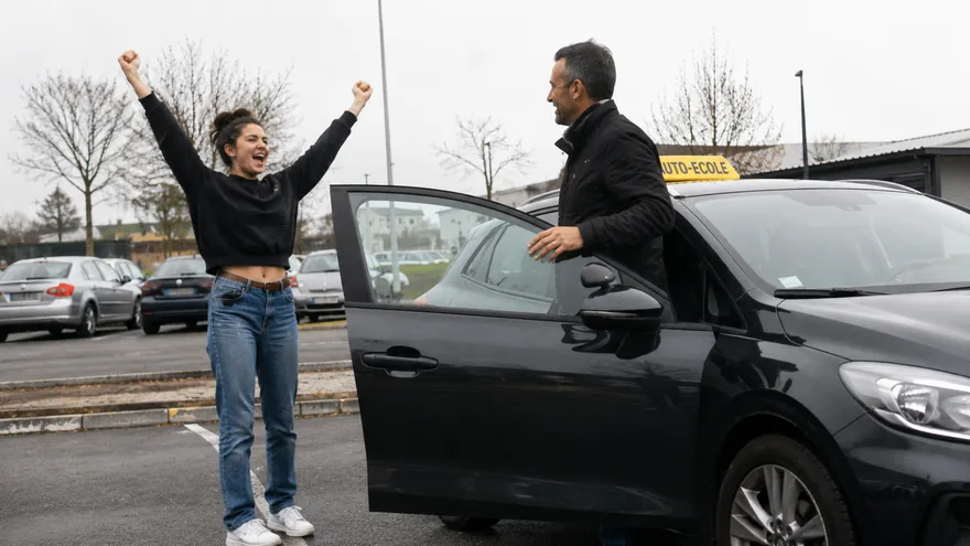 Une jeune femme lève les bras de joie sur le parking, son moniteur la regarde depuis la portière ouverte de la voiture d'auto-école