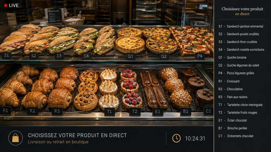 Vue en direct d'une vitrine de boulangerie, chaque produit porte un code que le client retrouve en ligne