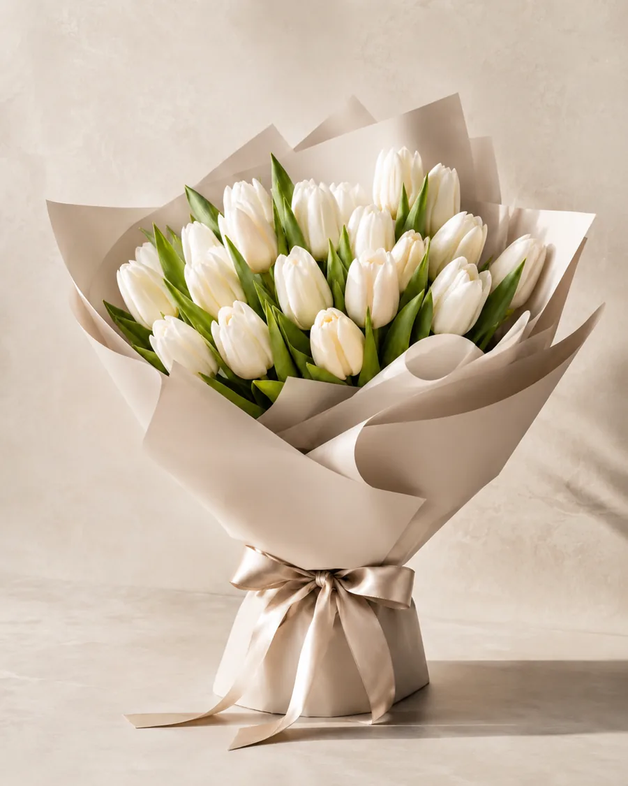 Bouquet de tulipes entièrement blanches dans un papier kraft clair.
