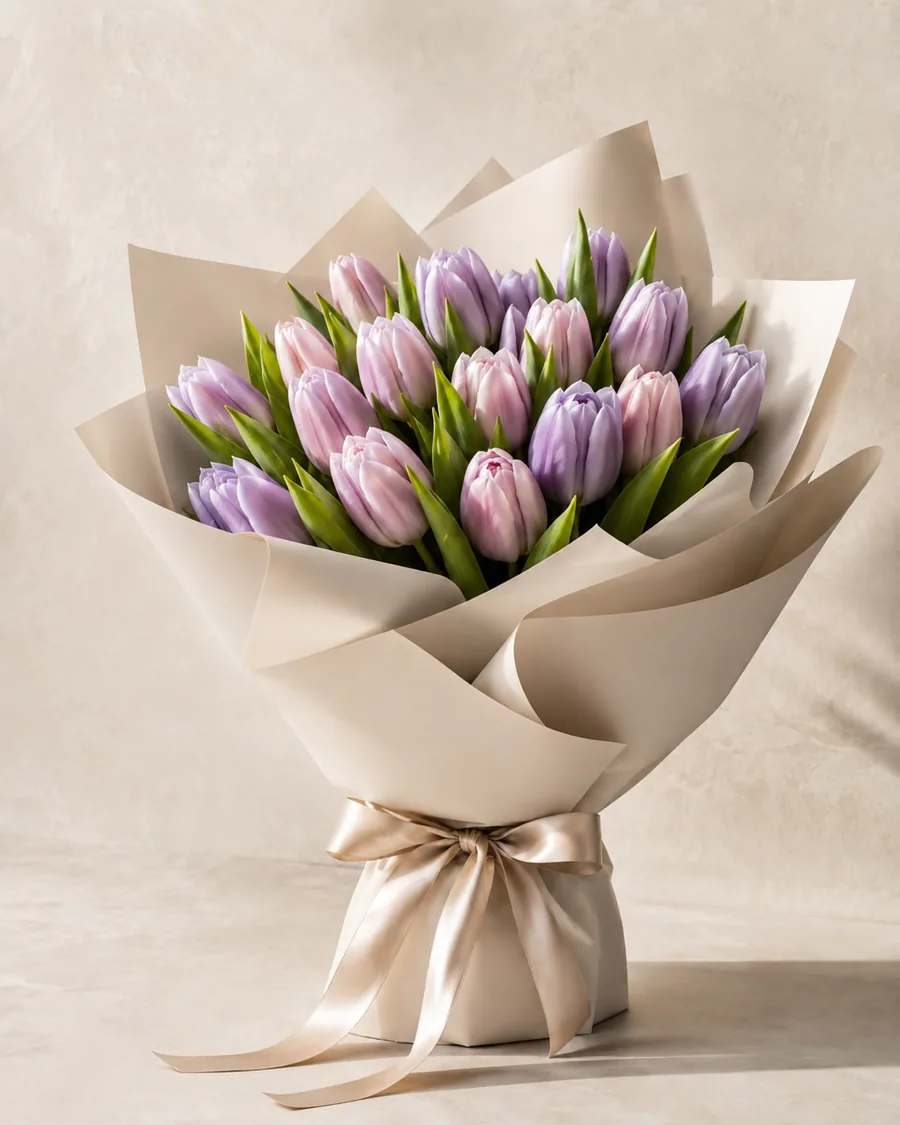 Bouquet de tulipes lilas et violet doux dans un papier kraft clair.