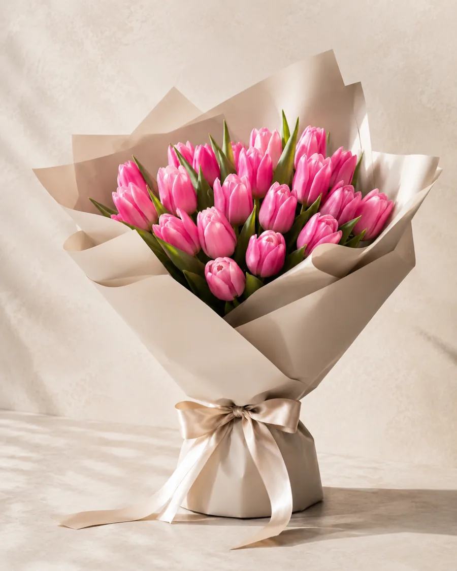 Bouquet de tulipes rose vif dans un papier kraft clair noué d'un ruban.